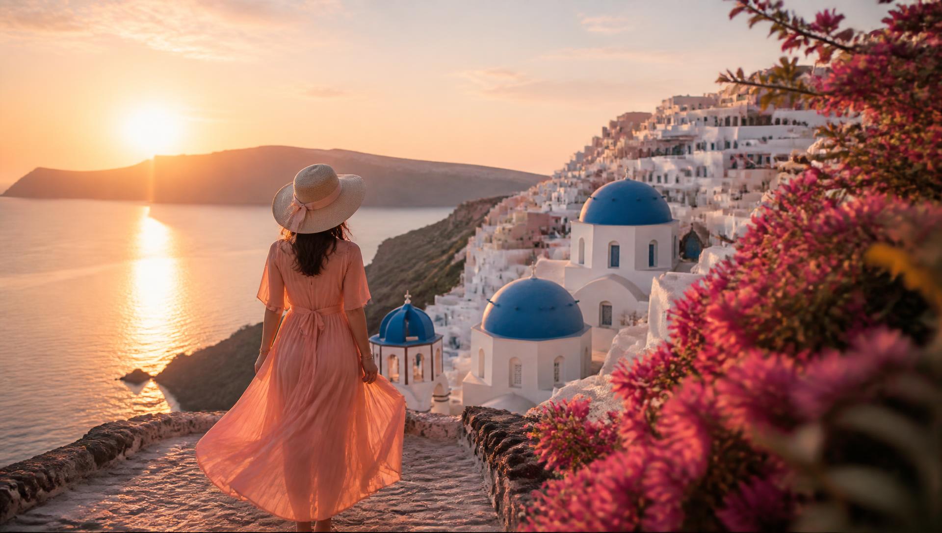 A traveller in a blush dress watching the sunset over a Greek island village